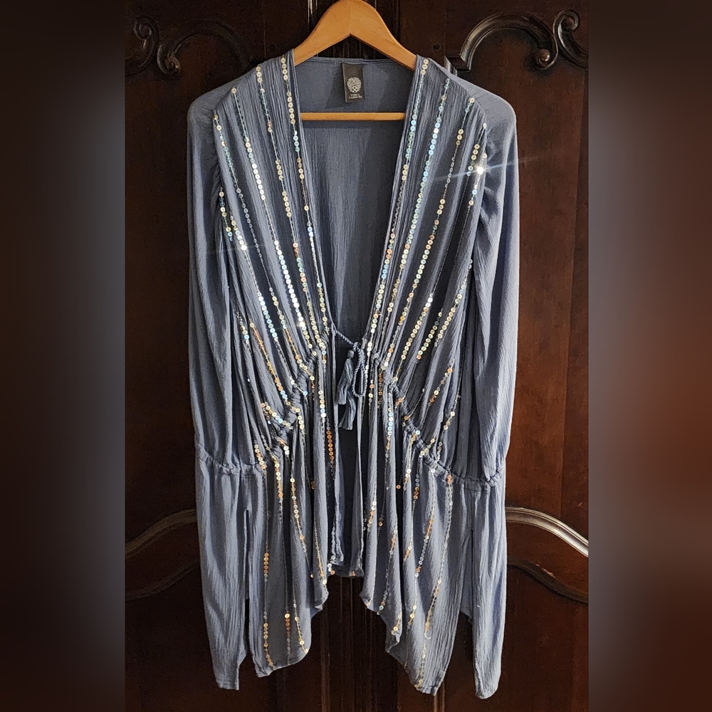 VINCE CAMUTO - Blue Breezy Beach Cardigan Swimsuit Cover-up With Sequins